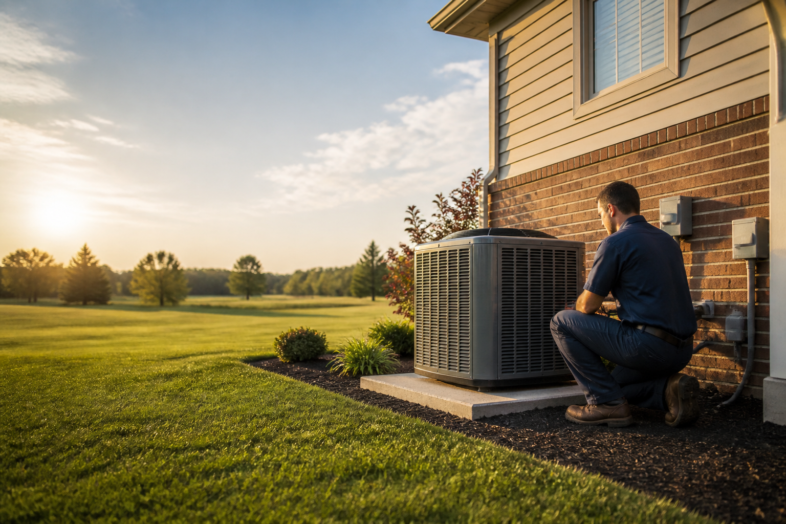HVAC technician servicing an outdoor air conditioner at a Kansas City area home